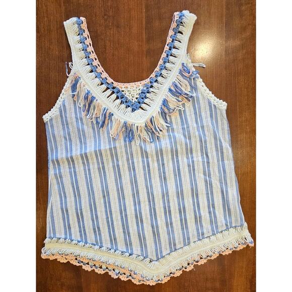 Miss Koo Paris Fringe V Neck Knit Crochet Cotton Blend Spring Top Shirt, Sz L - Picture 1 of 12